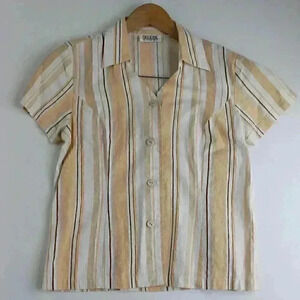 Vintage Selene Sport Linen Blend Neutral Striped Short Sleeve Button Up Shirt